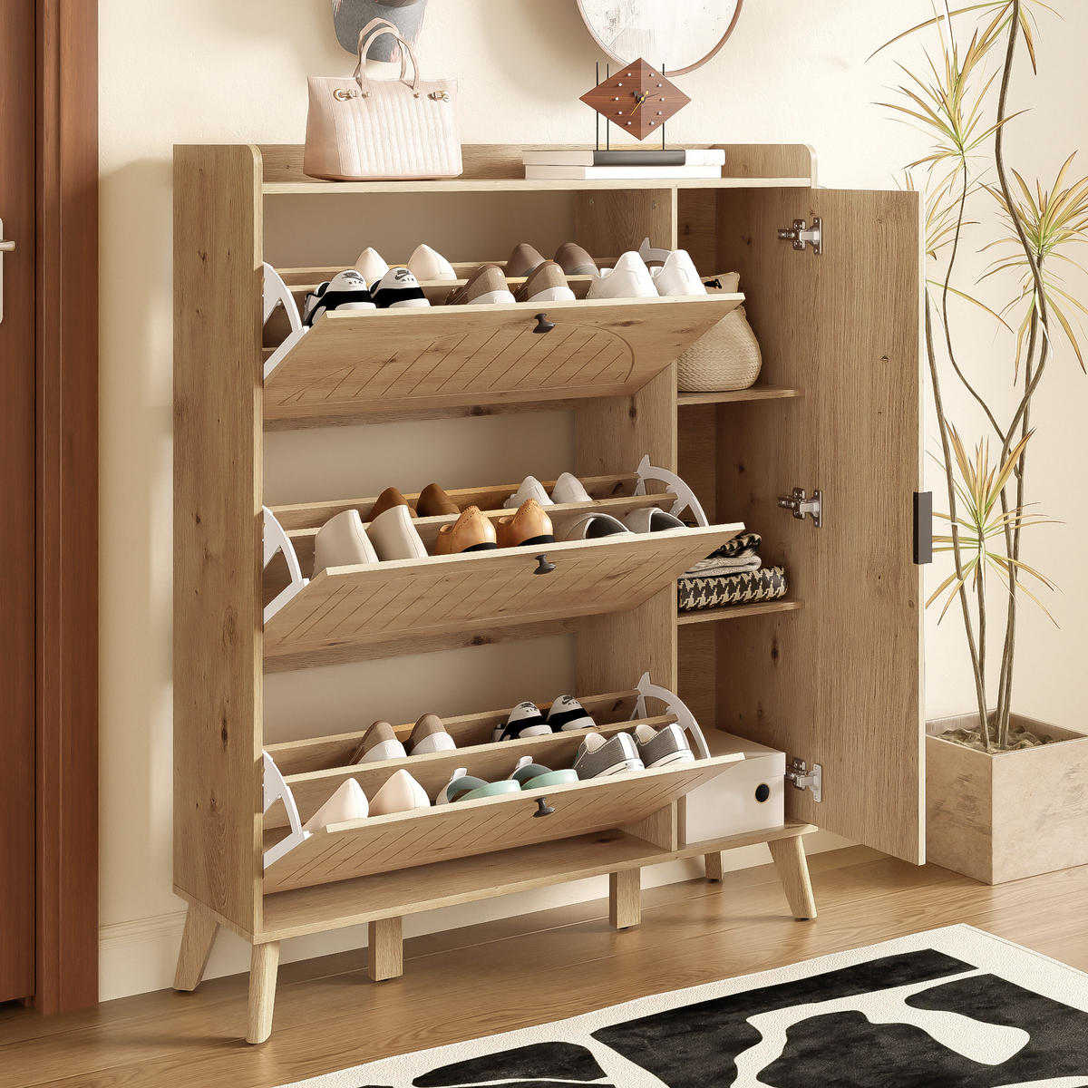 SCHUHSCHRANK Spiegel 110x24x137 cm 3 Klappen - Naturfarben, Holz (110/137.5/24cm) - LEBENLANG
