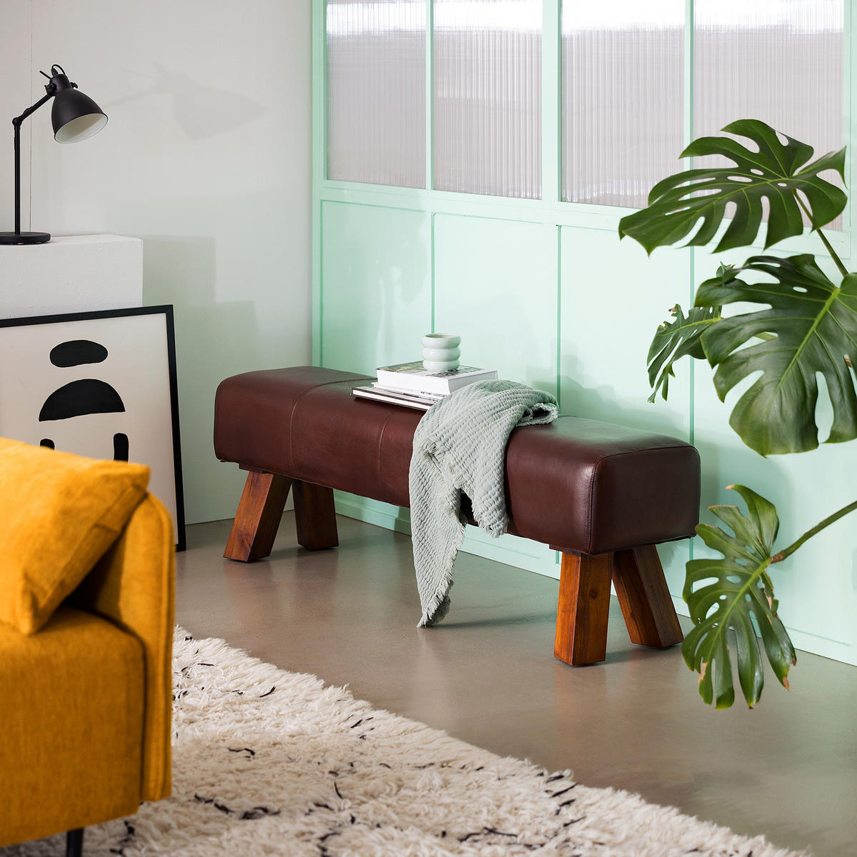 SITZBANK - Echtleder, Teak massiv - Cognac, Leder (140/47/32cm) - home24