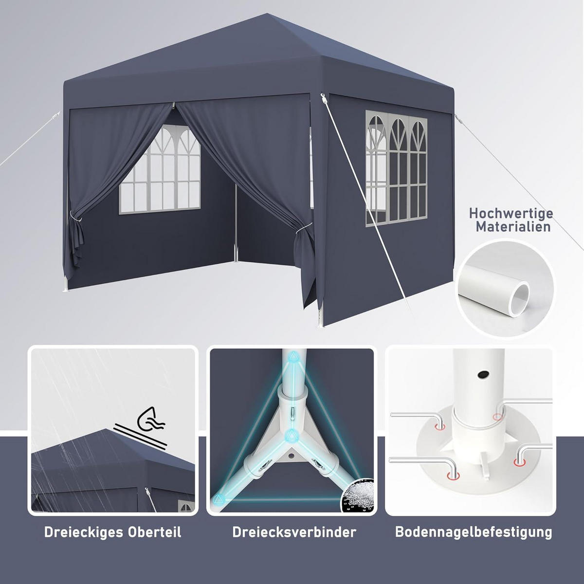 GARTENPAVILLON 3 x 3 m Anthrazit mit Seitenteilen und Fenstern - Anthrazit, Textil (300/250/300cm)