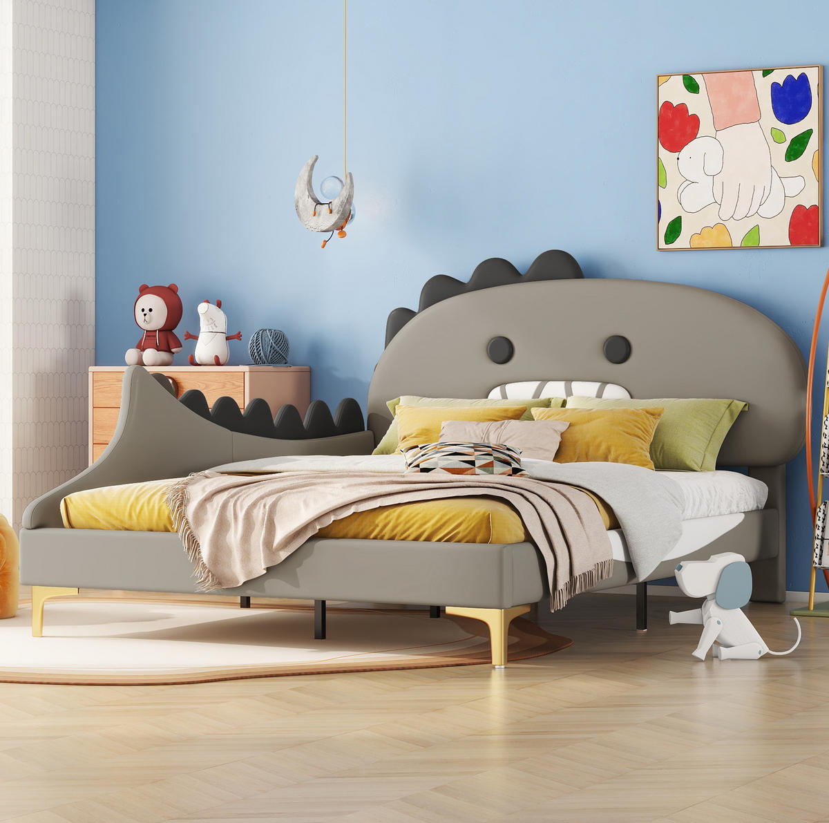 KINDERBETT 140/200 cm Grau aus PU im Dinosaurier-Design - Grau, Leder (140/200cm) - Flora Grace