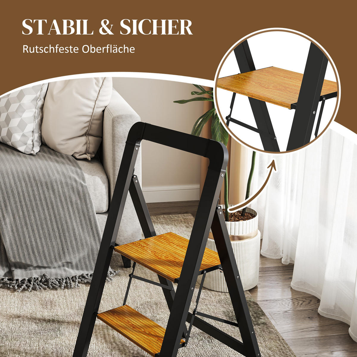 TRITTLEITER Klapptritt mit 2 Stufen Aluminium Schwarz 44,5 x 48 x 86,3 cm - Schwarz, Metall (44.5/48/86.3cm) - HOMCOM