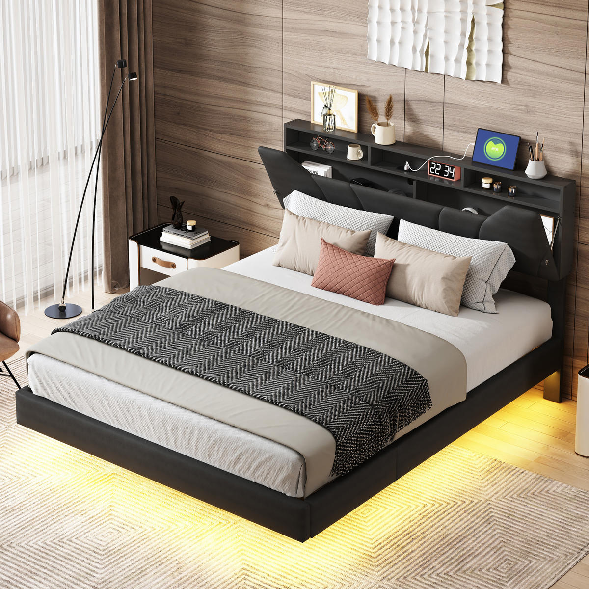 POLSTERBETT 140/200 cm schwarz mit Stauraum, LED und USB - Schwarz, Holz - SHOPENTRA