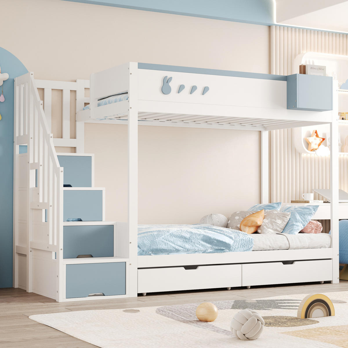 ETAGENBETT 90/200 cm mit Stauraumleiter, Schubladen und abnehmbarem Regal, Weiß, Blau - Weiß, Holzwerkstoff (90/200cm) - Redom