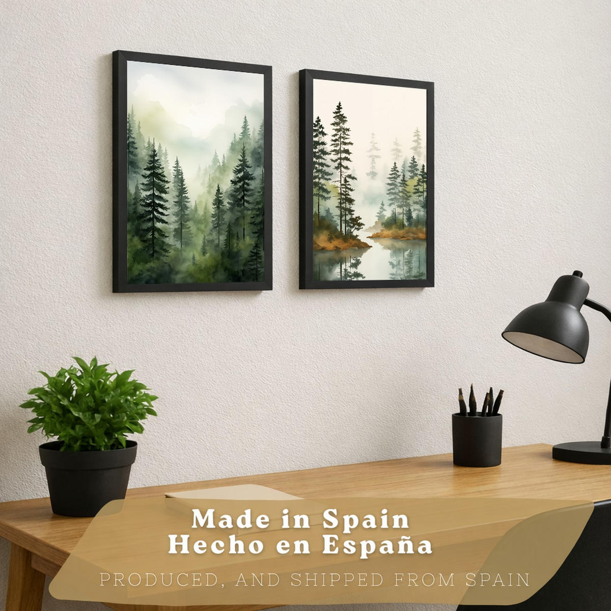PLAKAT Sada 2 dekorativních tisků Nordic Forest Landscape obývací pokoj Obrázky - Zelené a hnědé dekorativní plakáty Obývací pokoj A4 černý rám - černá, papír (29.7/42/3cm)