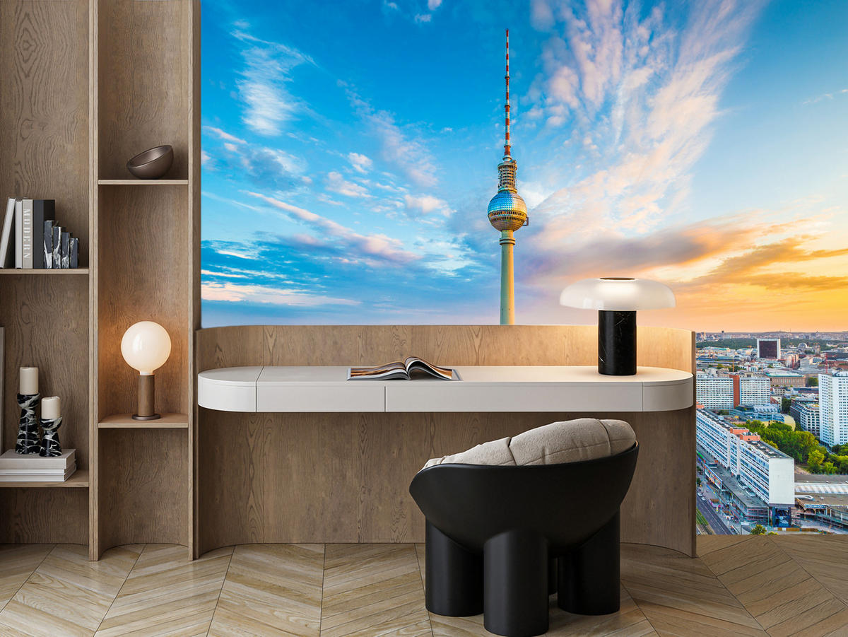 FOTOTAPETA Pre Obývaciu Izbu Televízna Veža Berlín Panoráma Mesta Mrakodrapy 400 x 280 cm - oranžová/hnedá, papier (400/280cm) - Muralo