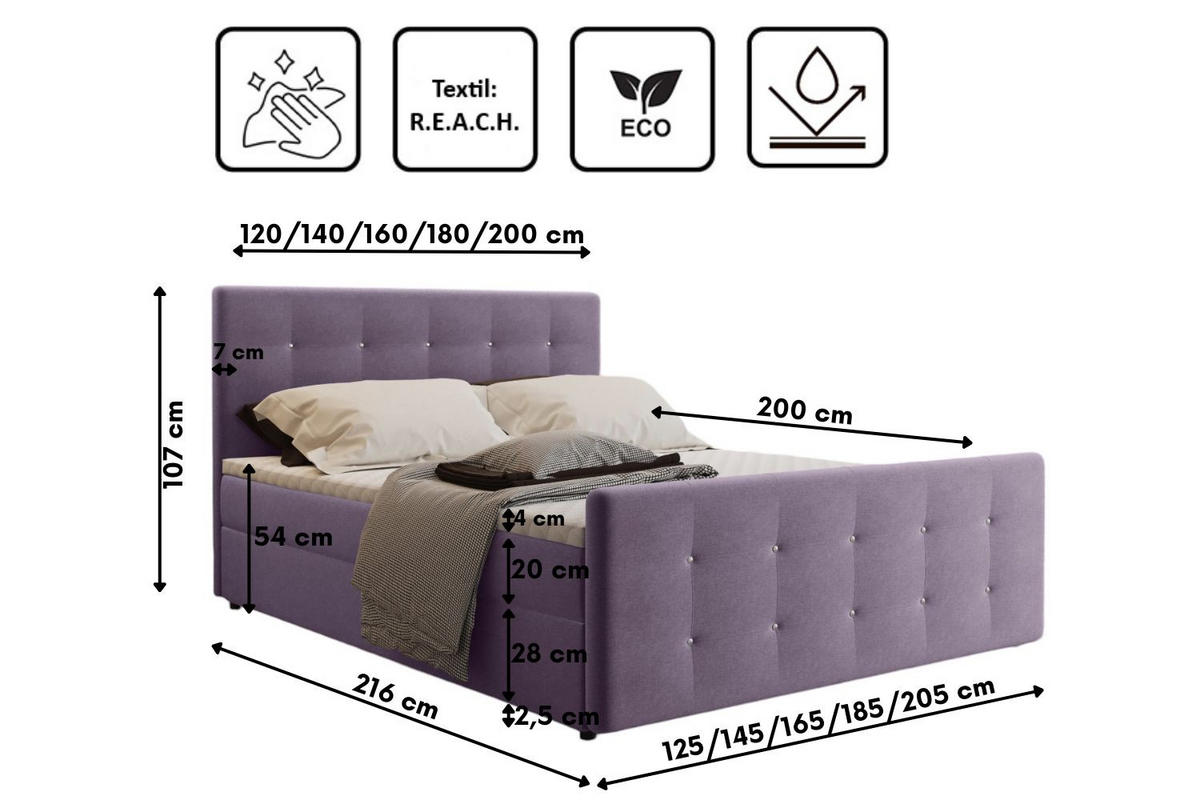 BOXBETT Mit Bettkasten Matratze Topper AMOR Lila 180x200 cm H3-Bonell - Lila, Holz/Textil (180/200cm) - Kaiser Möbel