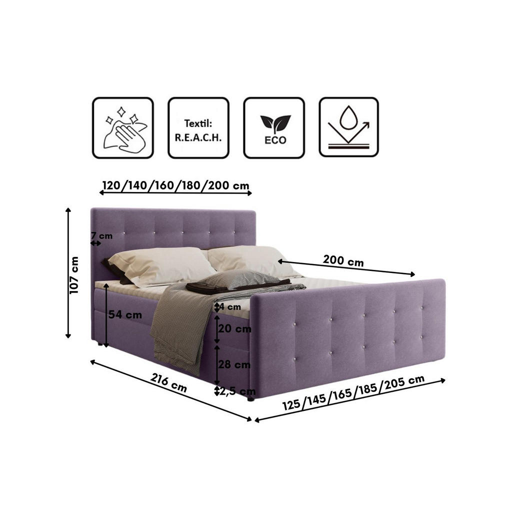 Thumbnail - Kaiser Möbel Boxbett, Lila, Textil, 2 Schubladen, H2, 7-Zonen, Höhe ca. 20 cm, Rechteckig, 140x200 cm, Schlafzimmer, Bet...