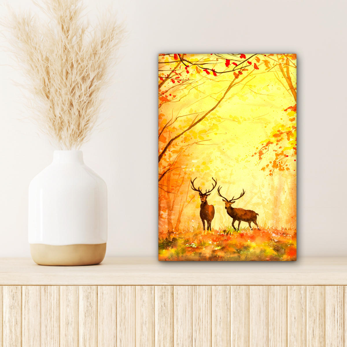 LEINWANDBILD Natur - Ölfarbe - Hirsche - Tiere - Herbst - Orange 20x30 cm - Orange, Textil (20/30cm) - MuchoWow
