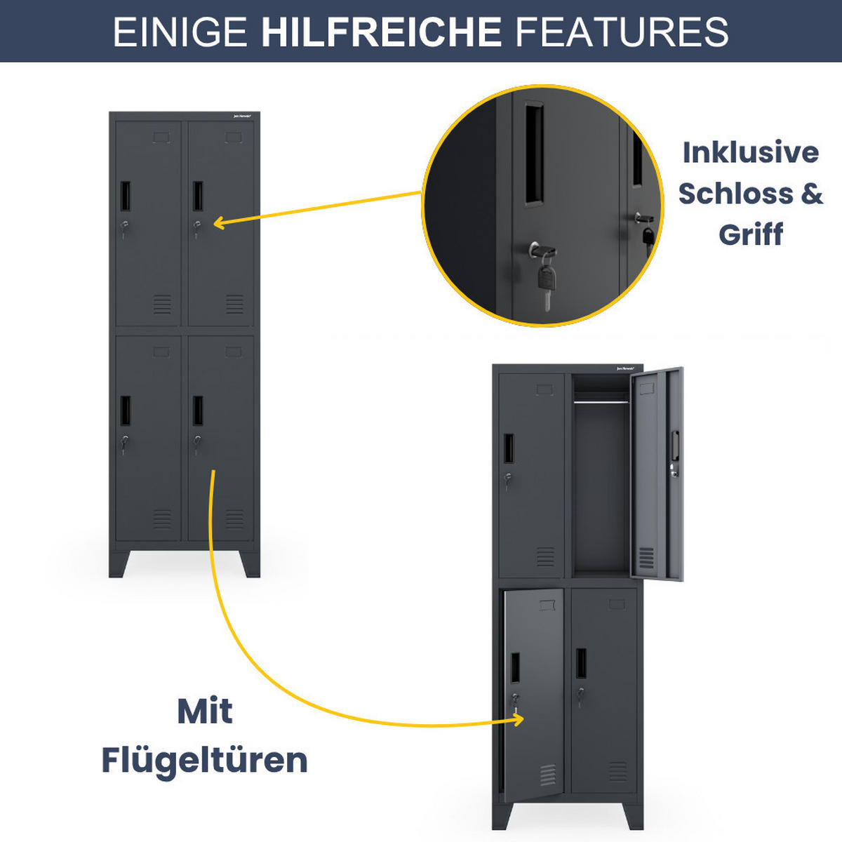 UMKLEIDESCHRANK Spind BERLIN 4 Abteile 172x55,9x45cm Anthrazit - Anthrazit, Metall (55.9/172/45cm) - DELUKE
