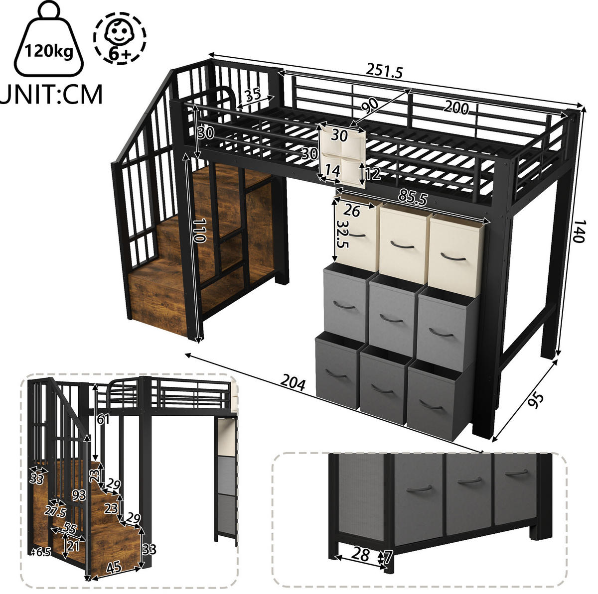 HOCHBETT 90/200 cm aus Metall und MDF mit Schubladen, Kleiderstange und Treppe mit Stauraum, Schwarz/Weiß - Weiß, Holzwerkstoff (90/200cm) - Redom