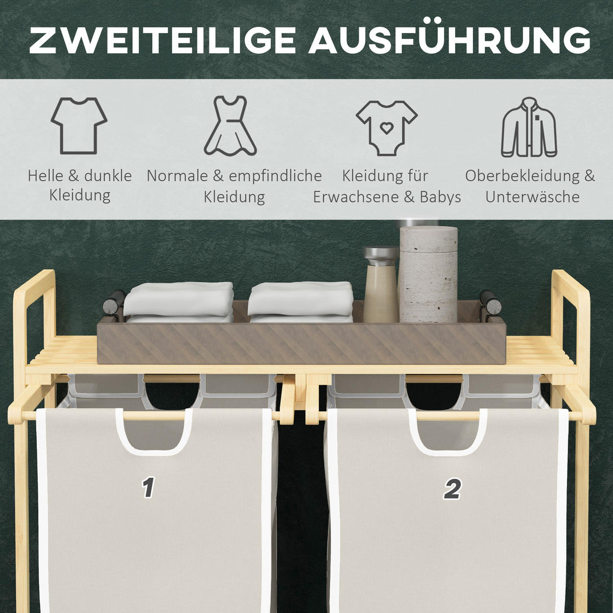 WÄSCHEKORB Wäschebox mit 2 abnehmbaren Wäschesacke Wäschesortierer Bambus - Creme/Naturfarben, Naturmaterialien (33/73/63.5cm) - HOMCOM