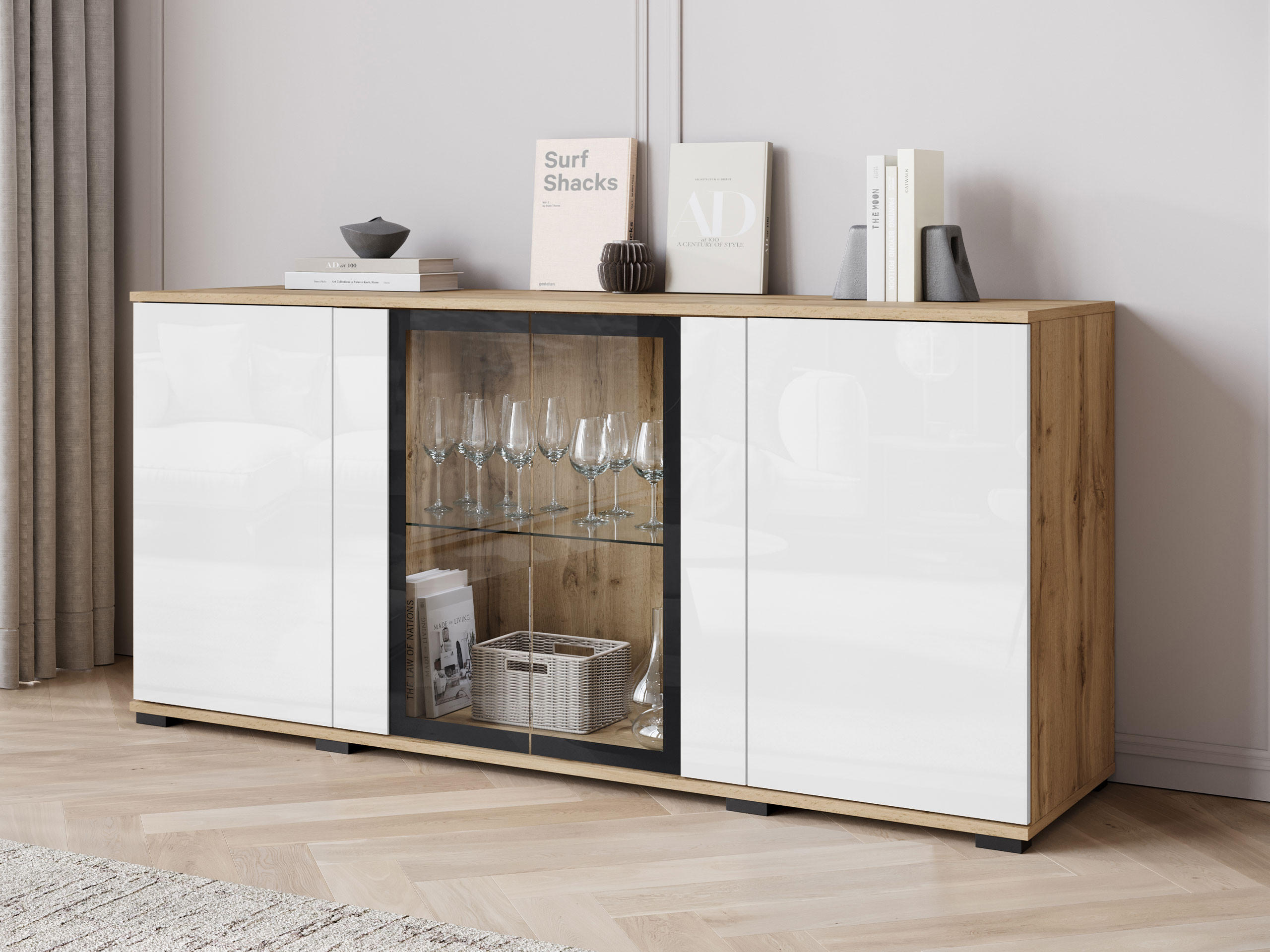 KOMMODE Caro SB 154 4D mit weißer LED Beleuchtung - Eiche Wotan/Schwarz, Holzwerkstoff/Kunststoff (150/70/40cm) - MIRJAN24