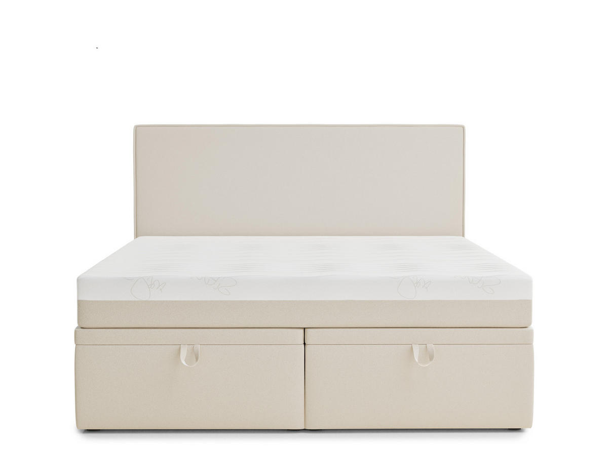 BOXBETT 160/200 cm Tegal, in Hellbeige, Matratze, gepolstertes Kopfteil, Bettkasten, H3 = fest - Beige/Schwarz, Holz/Holzwerkstoff (160/200cm) - Maison de Reve