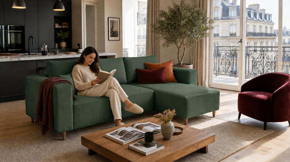 ECKSOFA mit Schlaffunktion und Bettkasten Rio, Ecksofa Cordstoff Grün, Ottomane Universal, 249x142 cm - Grün, Textil (249/142cm) - Marpur