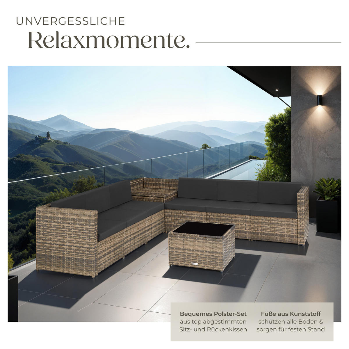 RATTANLOUNGE Verona,mit Sicherheitsglasplatte,natur - Naturfarben, Kunststoff - tectake