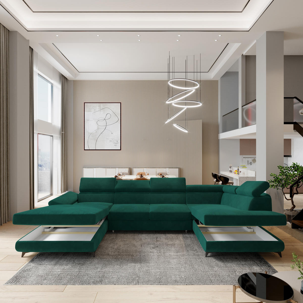 WOHNLANDSCHAFT RUBANO R-S Grün Velours-Stoff mit Schlaffunktion - Grün, Holz (339/89/190cm) - MASSENO