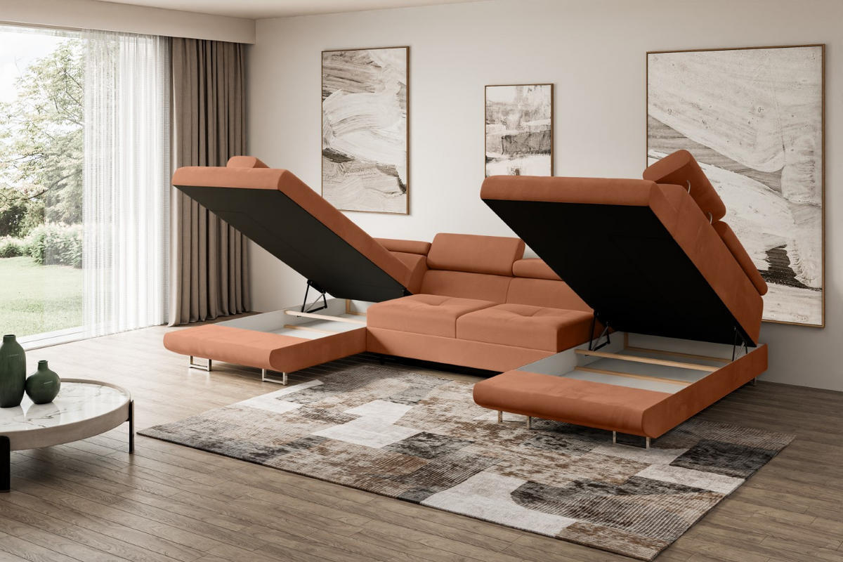 WOHNLANDSCHAFT mit Schlaffunktion und Bettkasten GUSA-U 342x202x107 cm Koralle Velours - Koralle/Silberfarben, Holzwerkstoff/Textil (342/107/202cm) - ALTDECOR