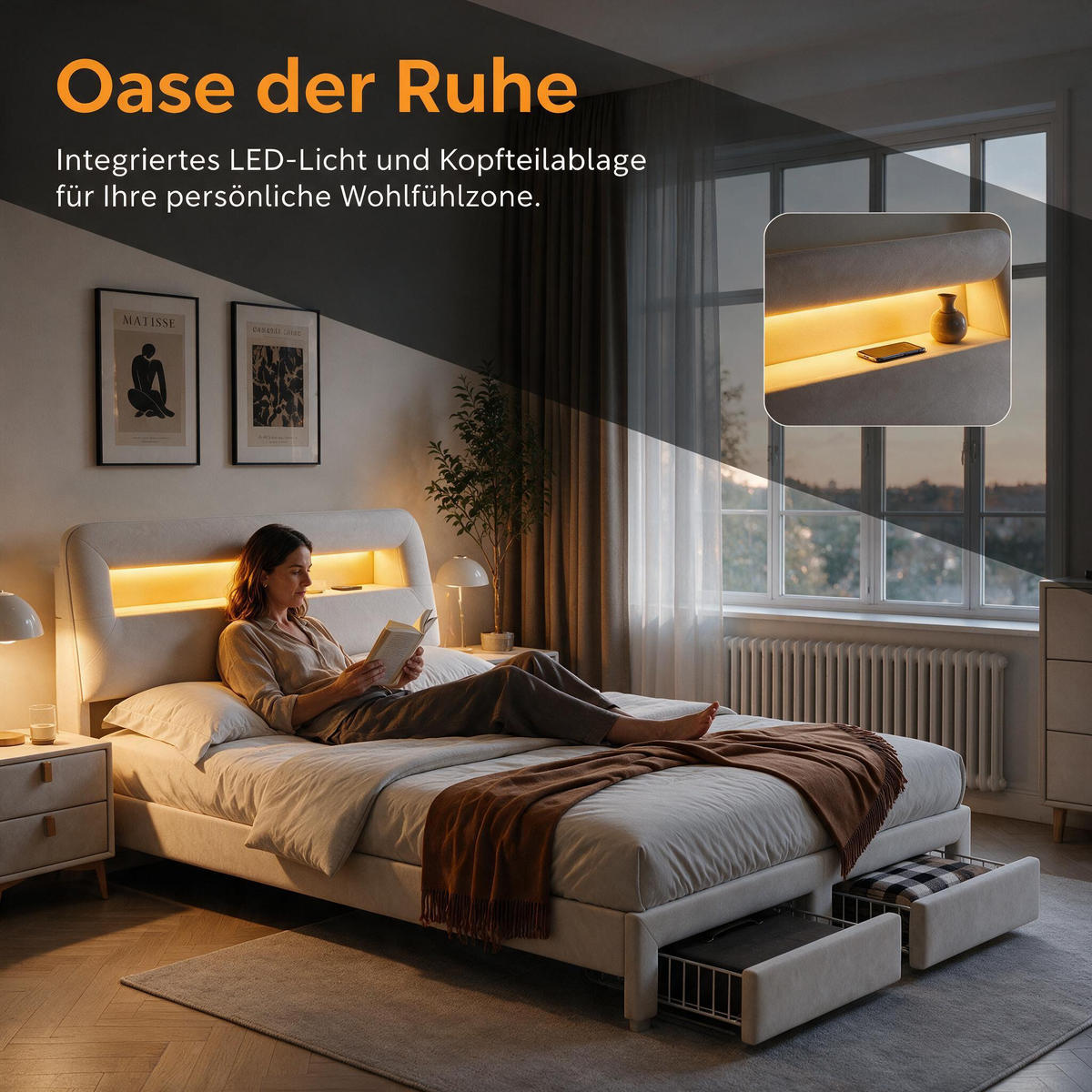 POLSTERBETT 160x200 cm mit Schubladen Ladestation Stauraum-Kopfteil Creme - Weiß, Holz (160/200cm) - PARAFTA HOME