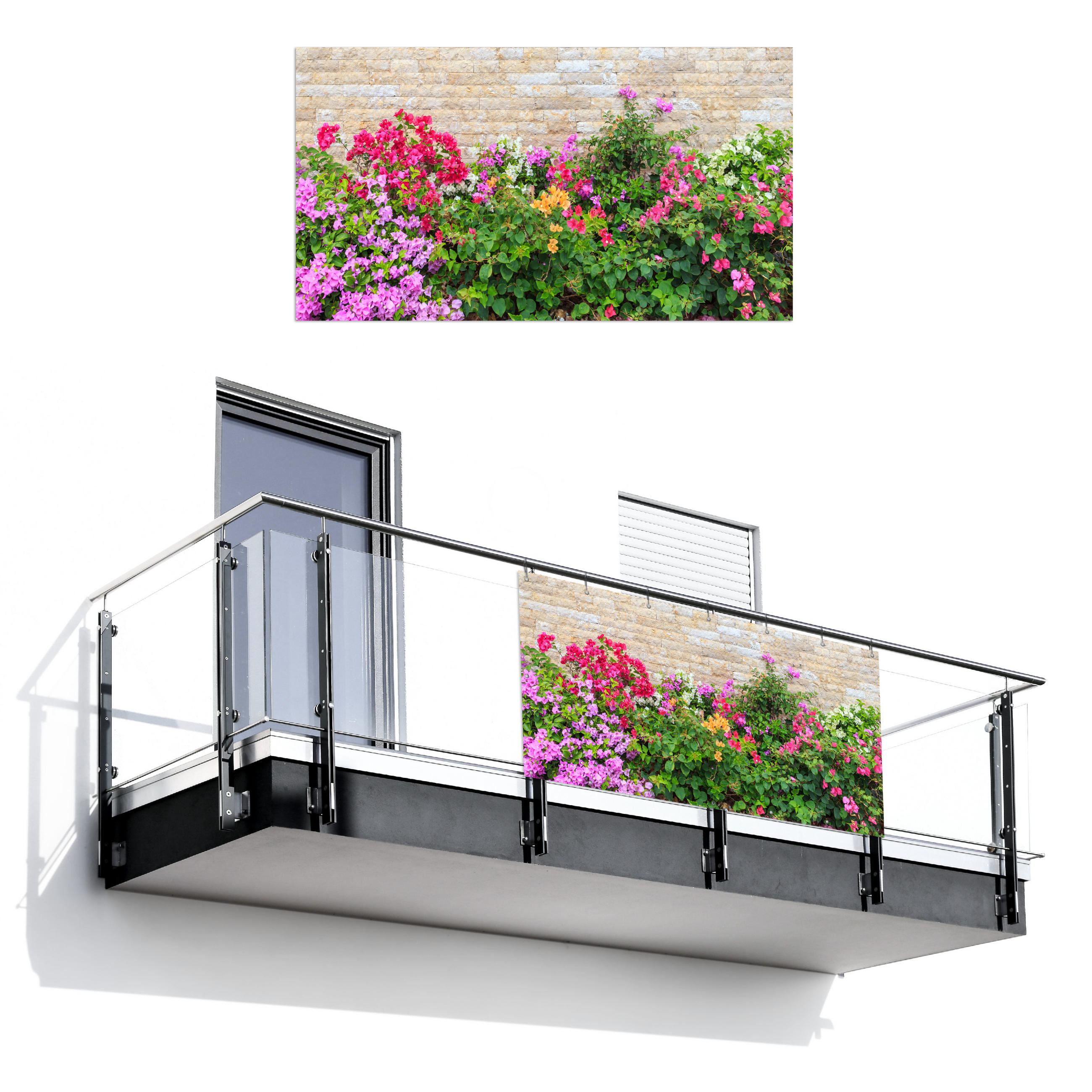 BALKON-SICHTSCHUTZ Blumen - Pflanzen - Blätter - Steine - Pink, Kunststoff (200/110cm) - MuchoWow