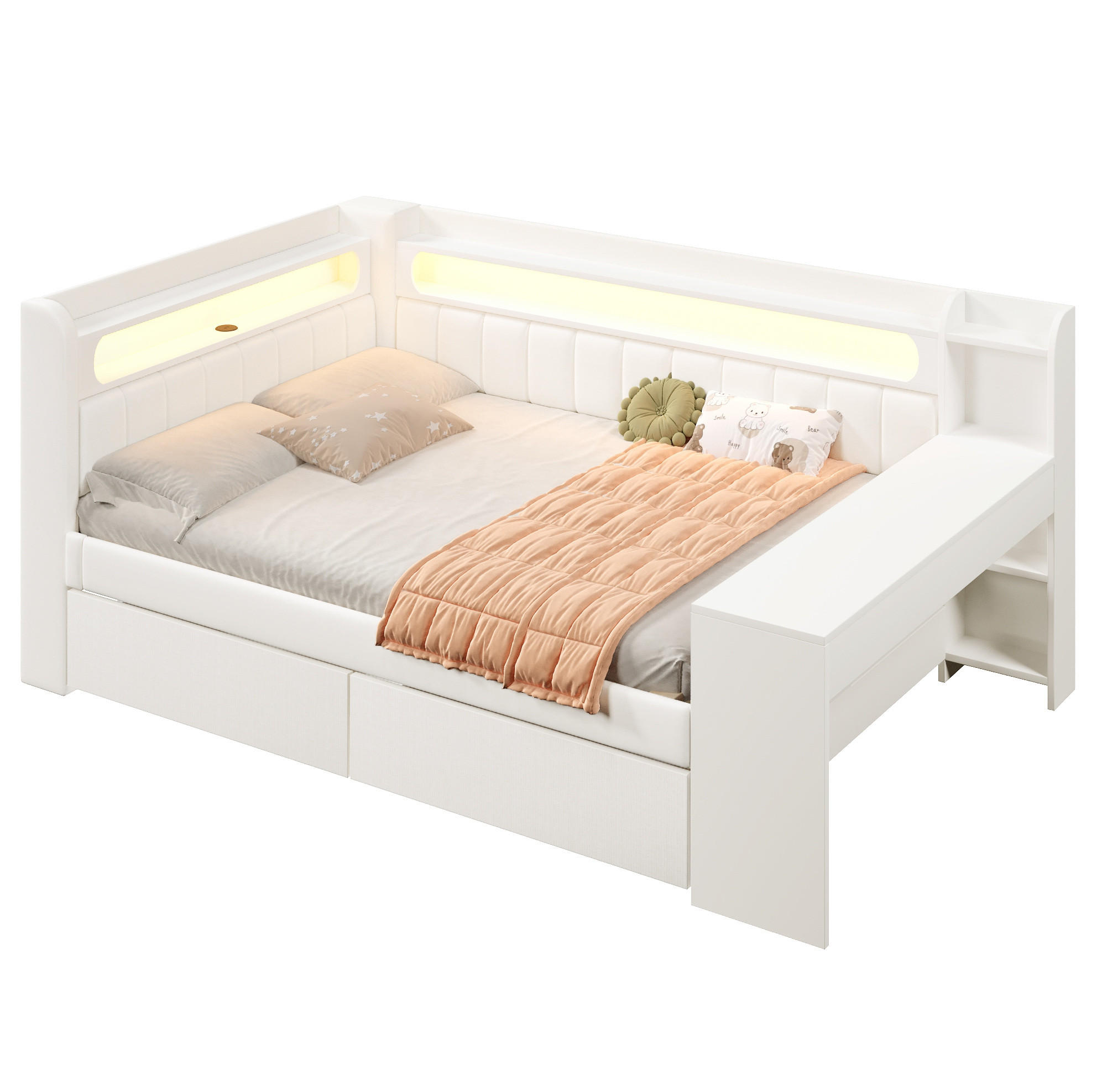 POLSTERBETT 140/200 cm mit LED-Beleuchtung, USB und Schreibtisch in Weiß - Weiß, Holzwerkstoff (140/200cm) - BEAOK
