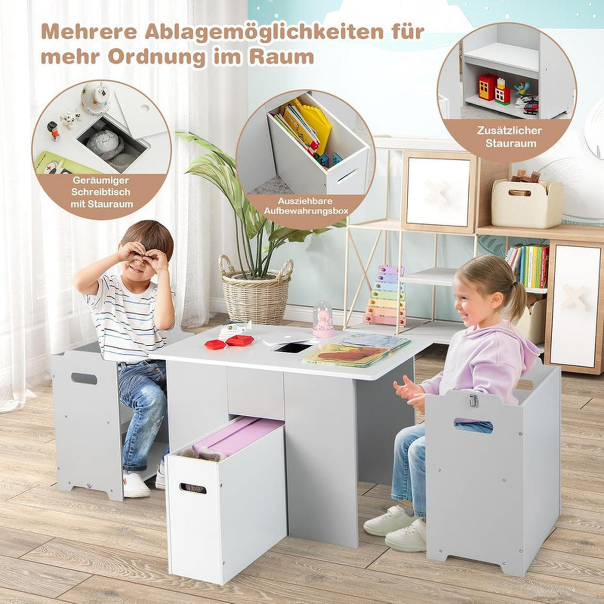 KINDERTISCH mit 2 Stühlen grau(3-tlg) - Grau, Holzwerkstoff (70/47/45cm) - COSTWAY