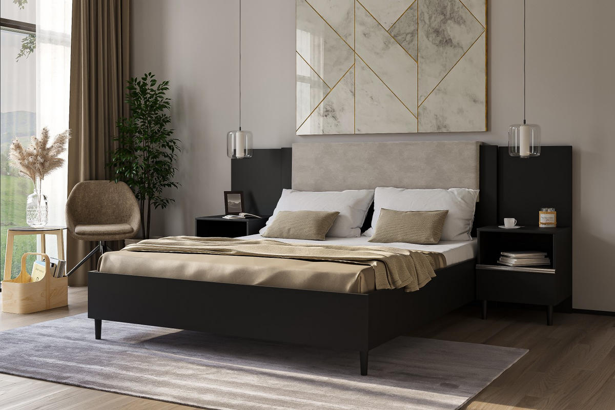 DOPPELBETT Luk III 160/200 cm ohne Matratze, Lattenrost, Bettkasten, schwarz, beige - Beige/Schwarz, Kunststoff (160/200cm) - Margaret Hadas24