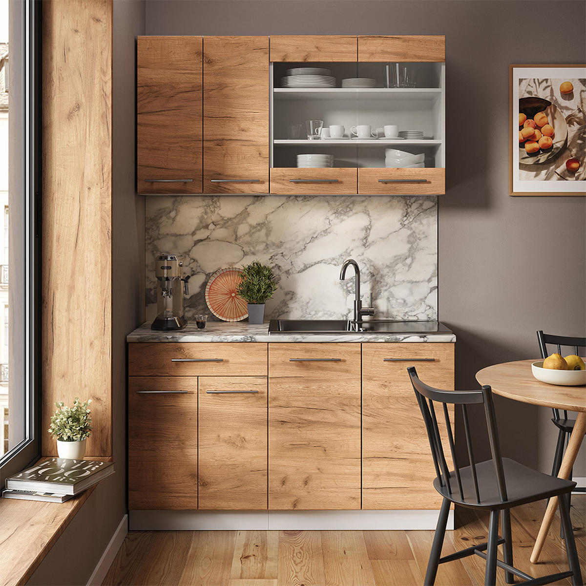 SINGLEKÜCHE Fame-Line Goldkraft Eiche/Weiß 140 cm ohne AP - Honigeiche/Eiche Wotan, Holzwerkstoff (140/81.6/46cm) - Vicco