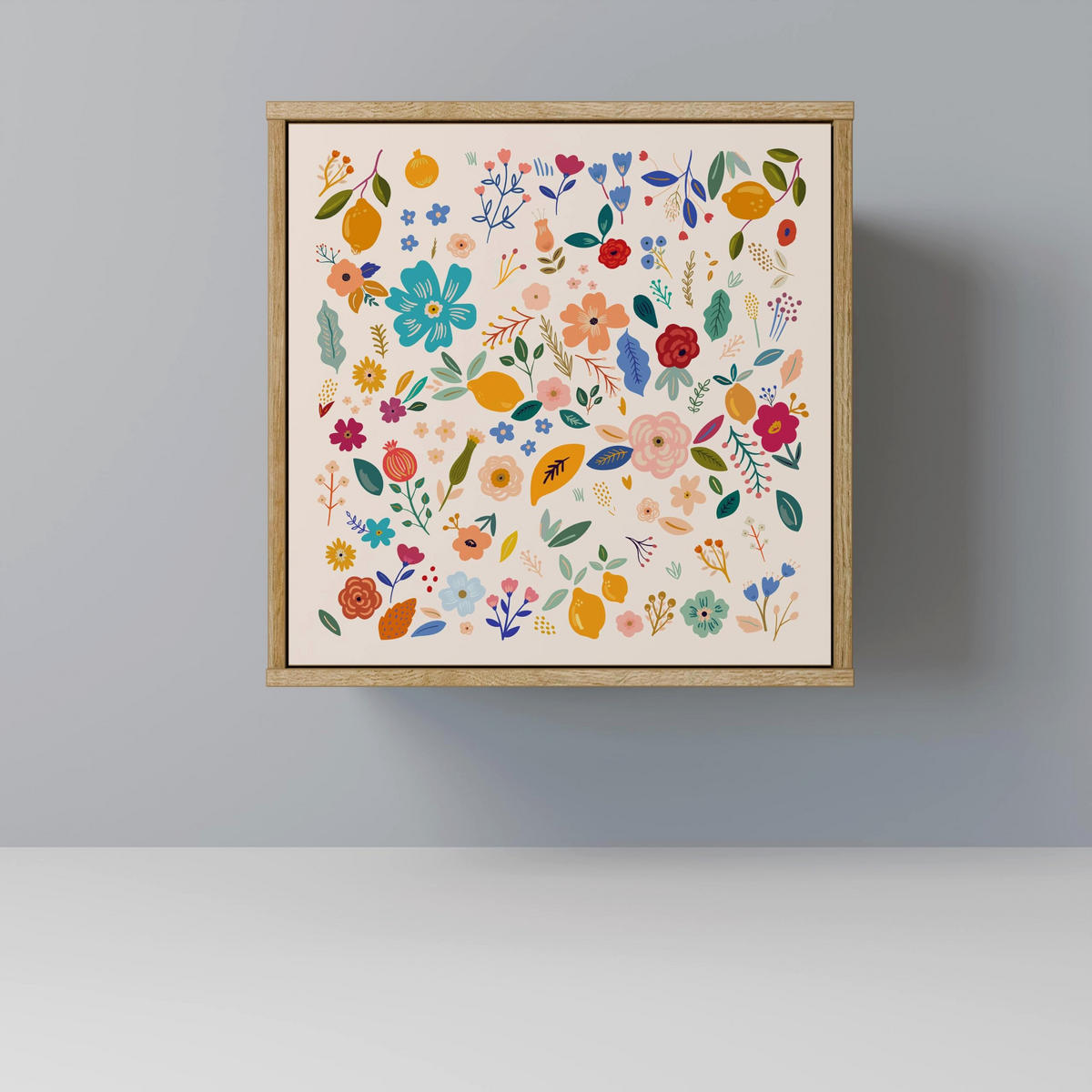 SIDEBOARD FLORAL COMBINATION, Eichefarben, 57,5x42x67,5 cm, Schwarze Metall-Rahmenfüße - Eichefarben/Multicolor, Holzwerkstoff/Metall (57.5/67.5/42cm) - SpaceRebels