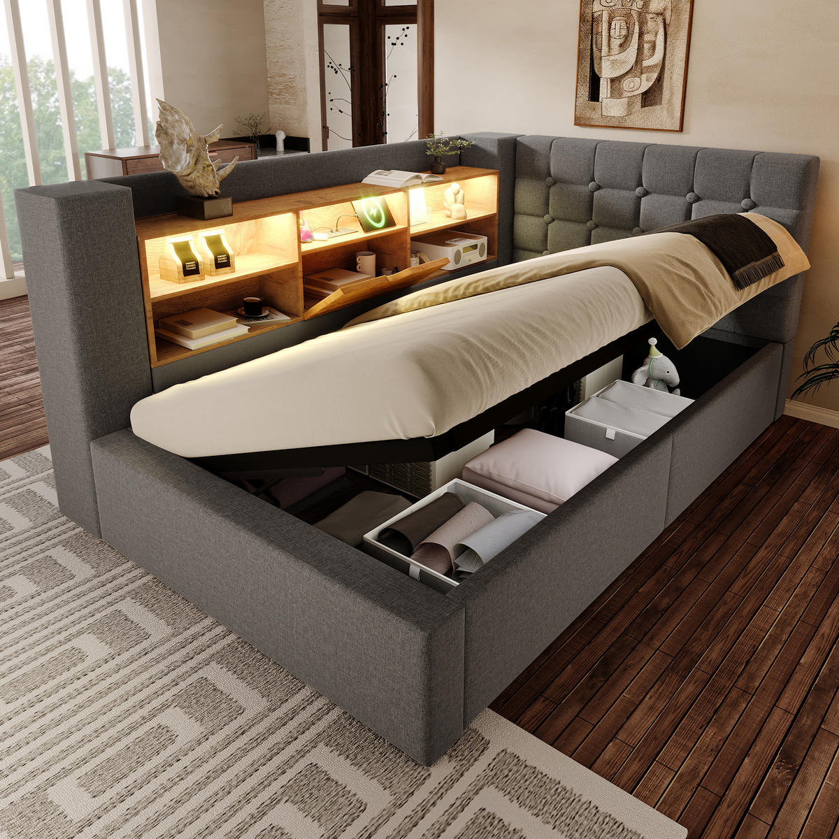 POLSTERBETT 90/200 cm mit LED-Beleuchtung, USB-Anschlüssen, hydraulischem Stauraum und L-Kopfteil, Grau - Grau, Textil (90/200cm) - Redom