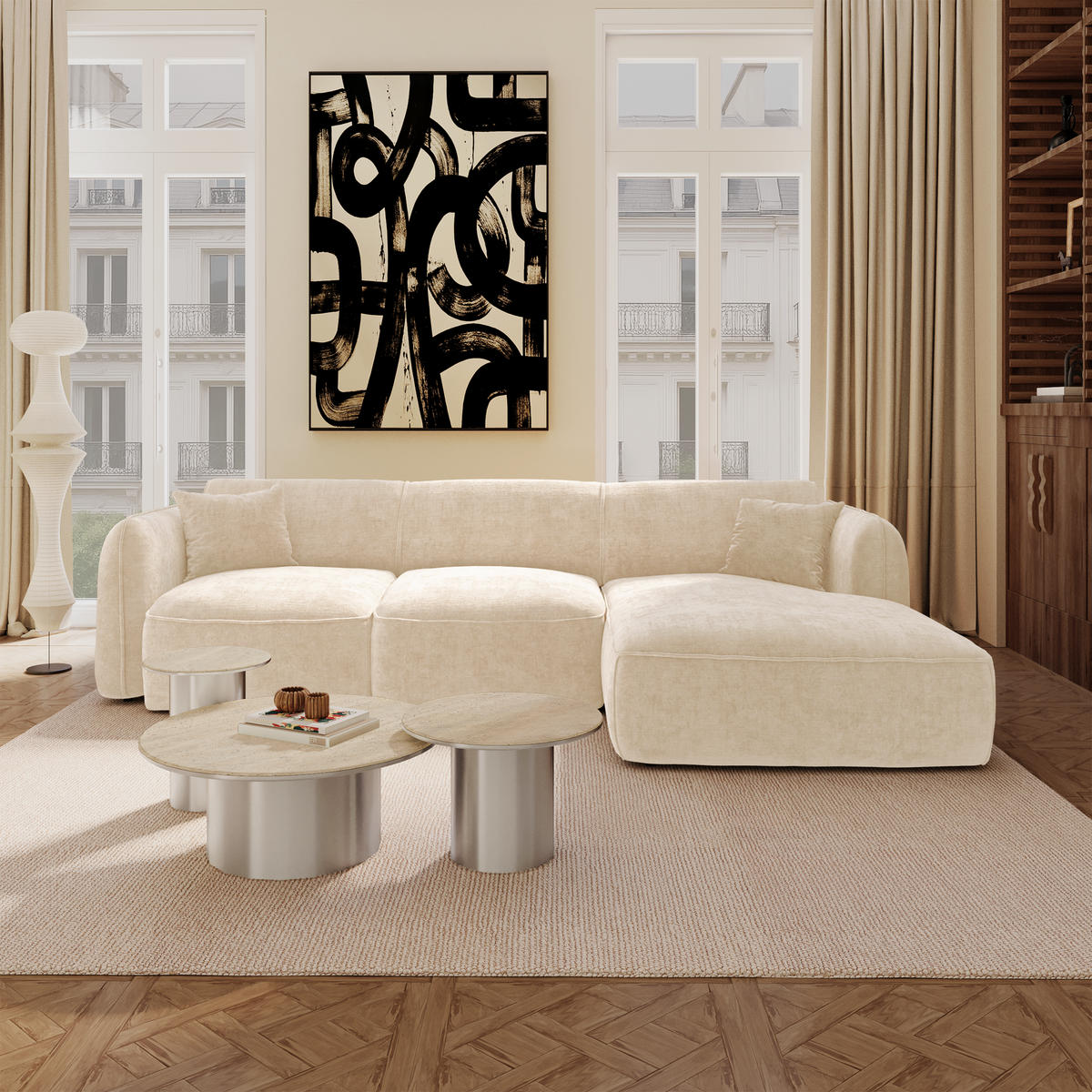 ECKSOFA rechtwinklig LOMI Geprägter Samt Creme 272cm - Creme, Textil (272/90cm) - Premium Interiors