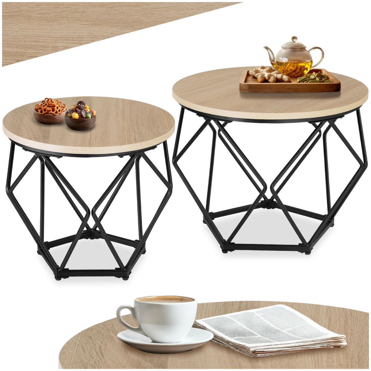 COUCHTISCH 2er Set Benham, mit höhenverstellbaren Kunststofffüßen, Industrial Holz hell, Eiche Sonoma - Naturfarben, Holzwerkstoff (50/50/40cm) - tectake