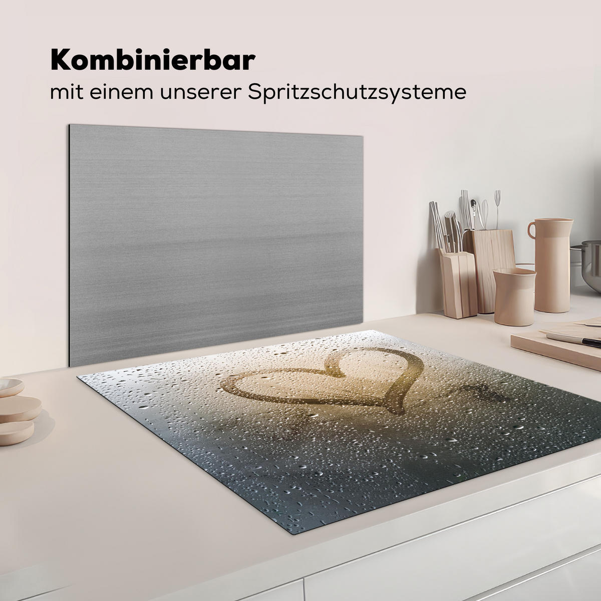 HERDABDECKPLATTE Herz - Kondenswasser - Wasser - 3D Induktionsmatte 78x78 cm - Grau, Kunststoff (78/78/0.2cm) - MuchoWow