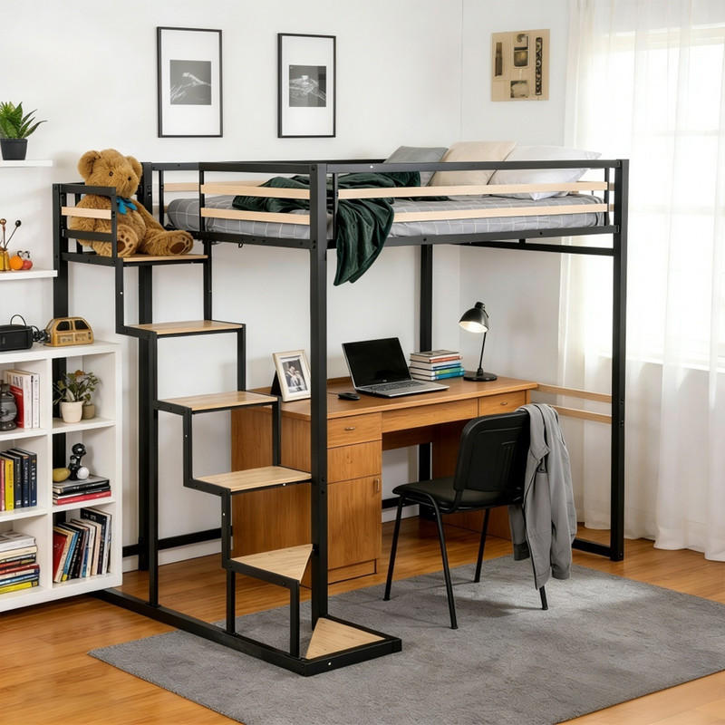 HOCHBETT mit Treppe und Arbeitsbereich – Metallbett Schwarz, platzsparendes Loftbett mit Schreibtischbereich - Schwarz, Metall (148/201cm) - Meubles Cosy