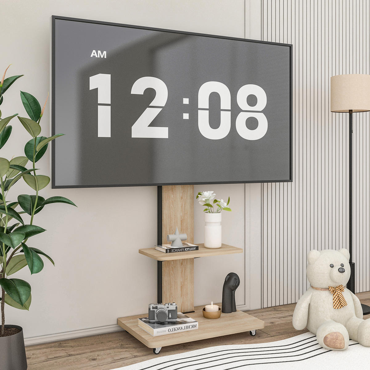 TV-ELEMENT 60/40/114-174 cm Naturholz mit Ablagefach und feststellbaren Rollen - Naturfarben, Holz (60/174/40cm) - Oxeza