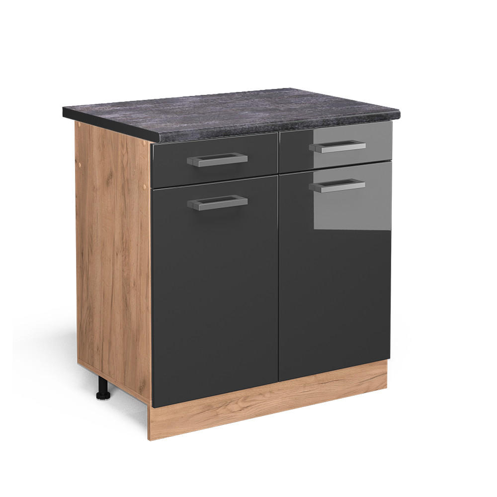 KÜCHENUNTERSCHRANK R-Line Anthrazit Hochglanz 80 cm, AP Anthrazit - Honigeiche/Schwarz Hochglanz, Holzwerkstoff (80/81.6/60cm) - Vicco