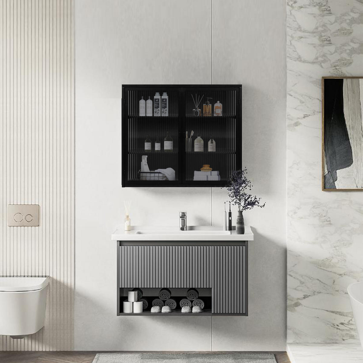 WANDSCHRANK/SIDEBOARD mit Glastüren aus Metall und Glas, 70/30/70 cm, Schwarz - Schwarz, Holzwerkstoff (23.01/59.99/70cm) - Redom