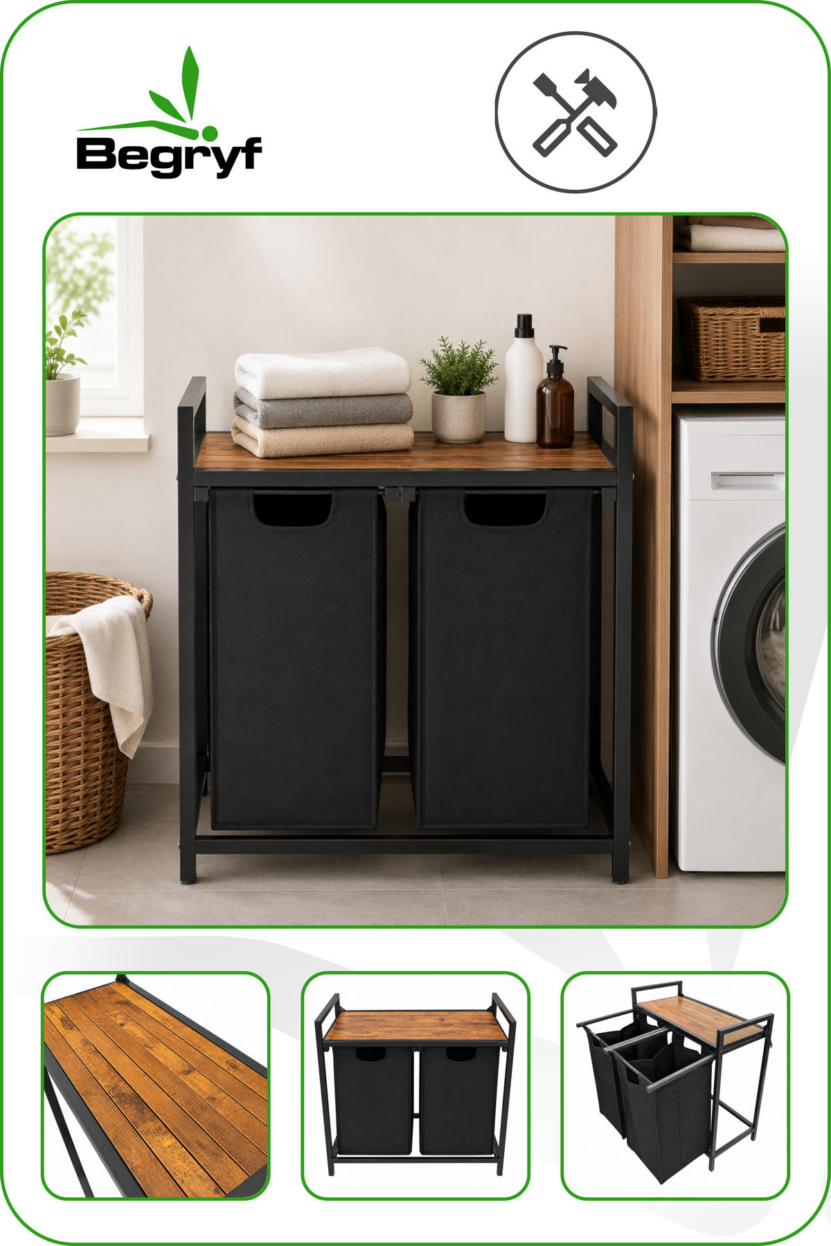 WÄSCHEKORB – Metall – Schwarz – 2 herausnehmbare Wäschesäcke – Ablage – 73x33x71 cm (92l) - Schwarz/Braun, Metall (73/71/33cm) - Begryf