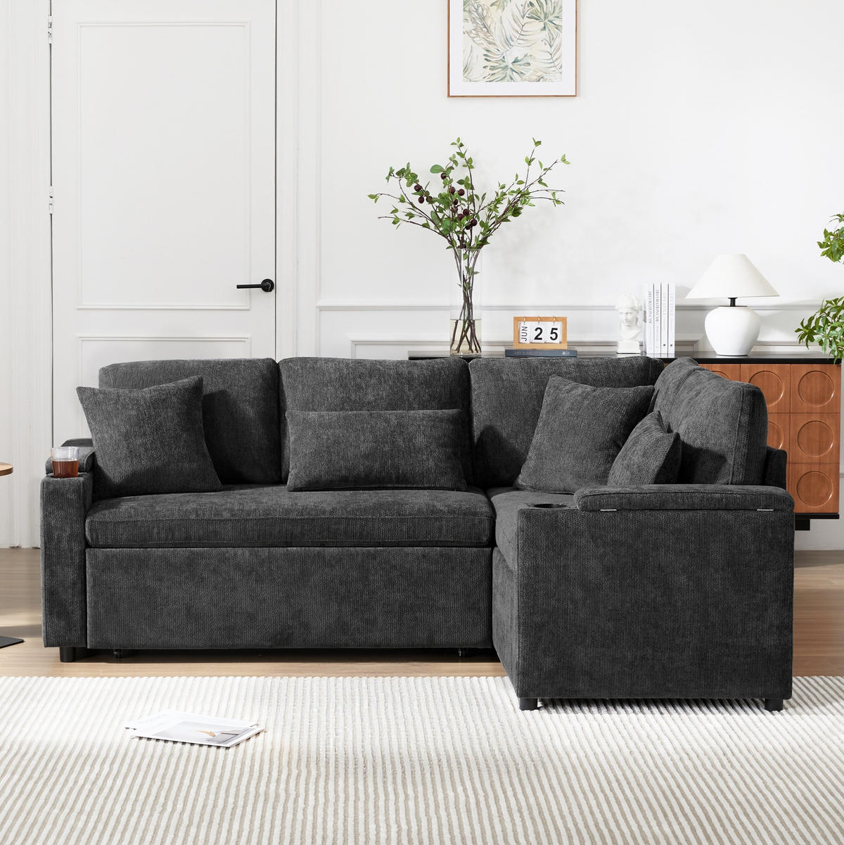 ECKSOFA 206,5/141/86 cm dunkelgrau aus Chenille mit Schlaffunktion - Dunkelgrau, Textil (141/206.5cm) - OKWISH