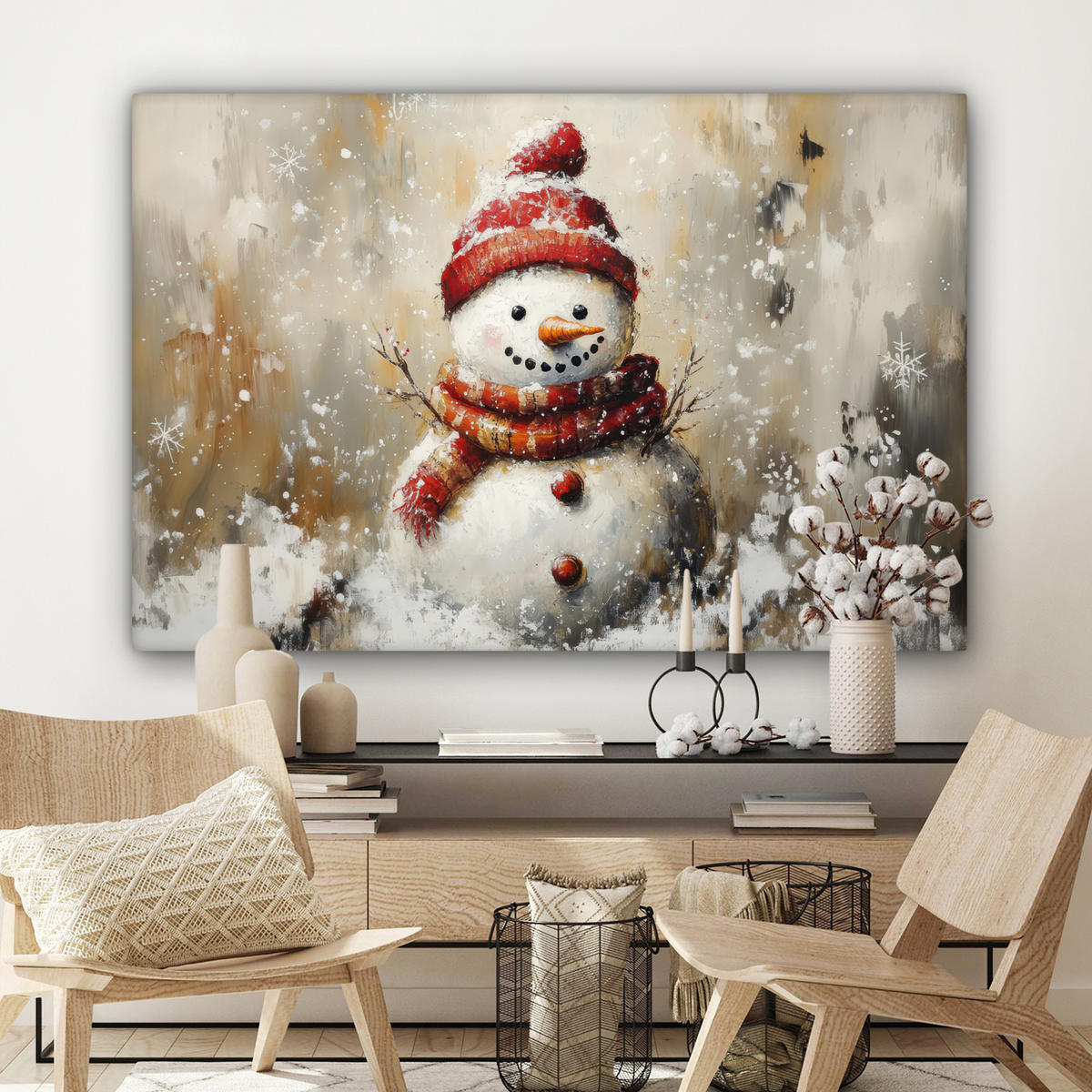 LEINWANDBILD Schneemann - Winter - Schnee - Beige Wohnzimmer Groß 120x80 cm - Weiß, Textil (120/80cm) - MuchoWow