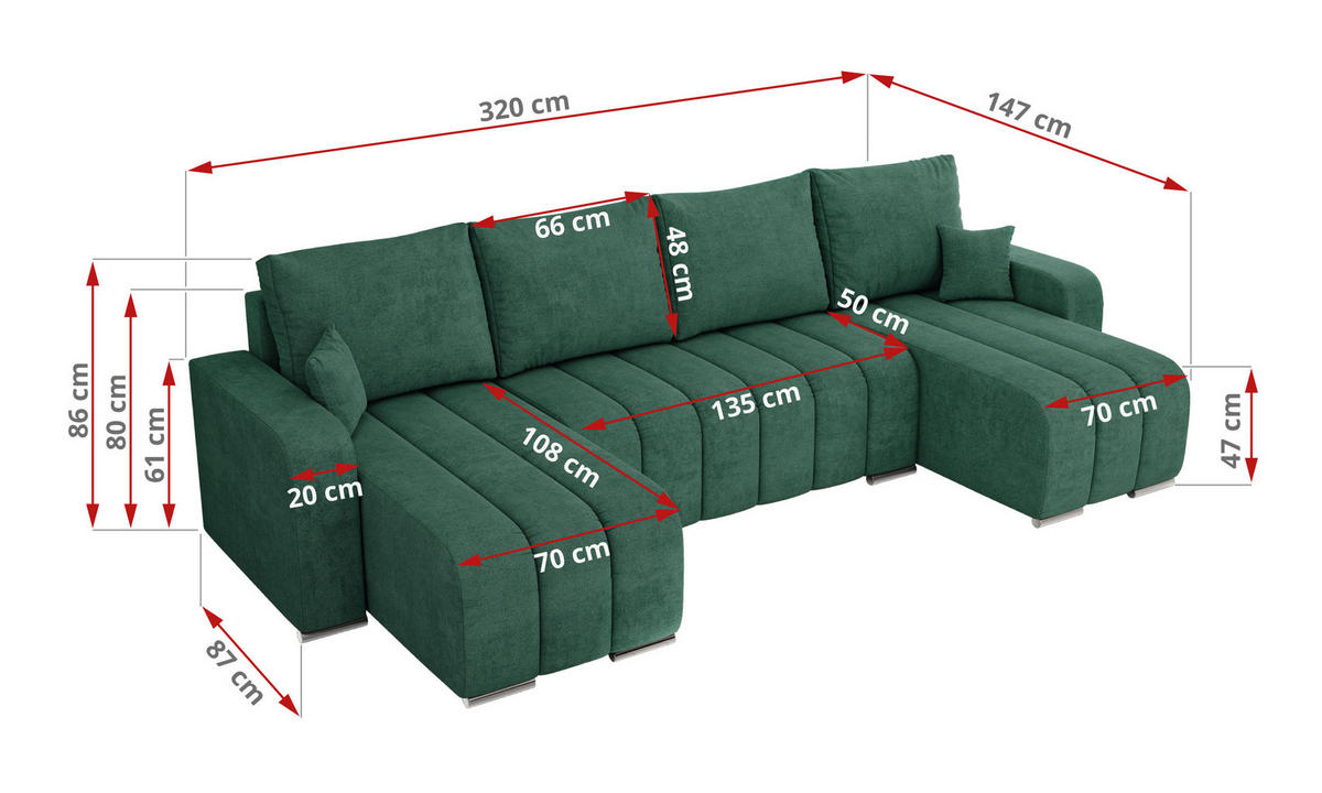 WOHNLANDSCHAFT KIRASSO U Grün Struktur - Grau/Grün, Textil/Metall (320/86/147cm) - MKS
