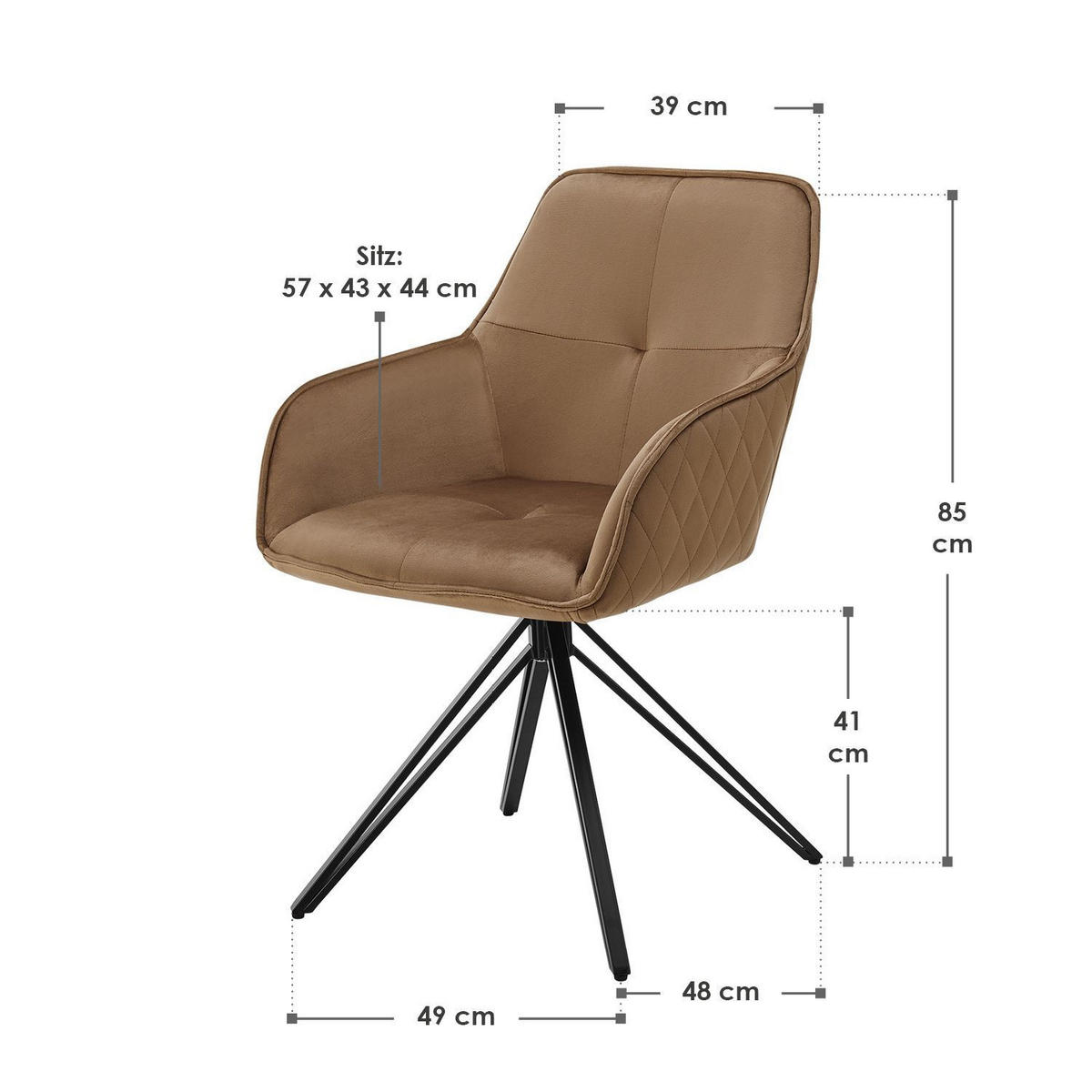 DREHSTUHL Clyde mit Armlehne samt hellbraun (2er-Set) - Hellbraun, Textil (57/85/61cm) - Juskys
