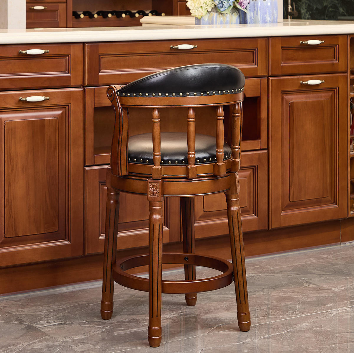 BARHOCKER drehbar 66 cm Echtleder Schwarz Holz - Schwarz, Holz (54.8/96/54.81cm) - Meubliv