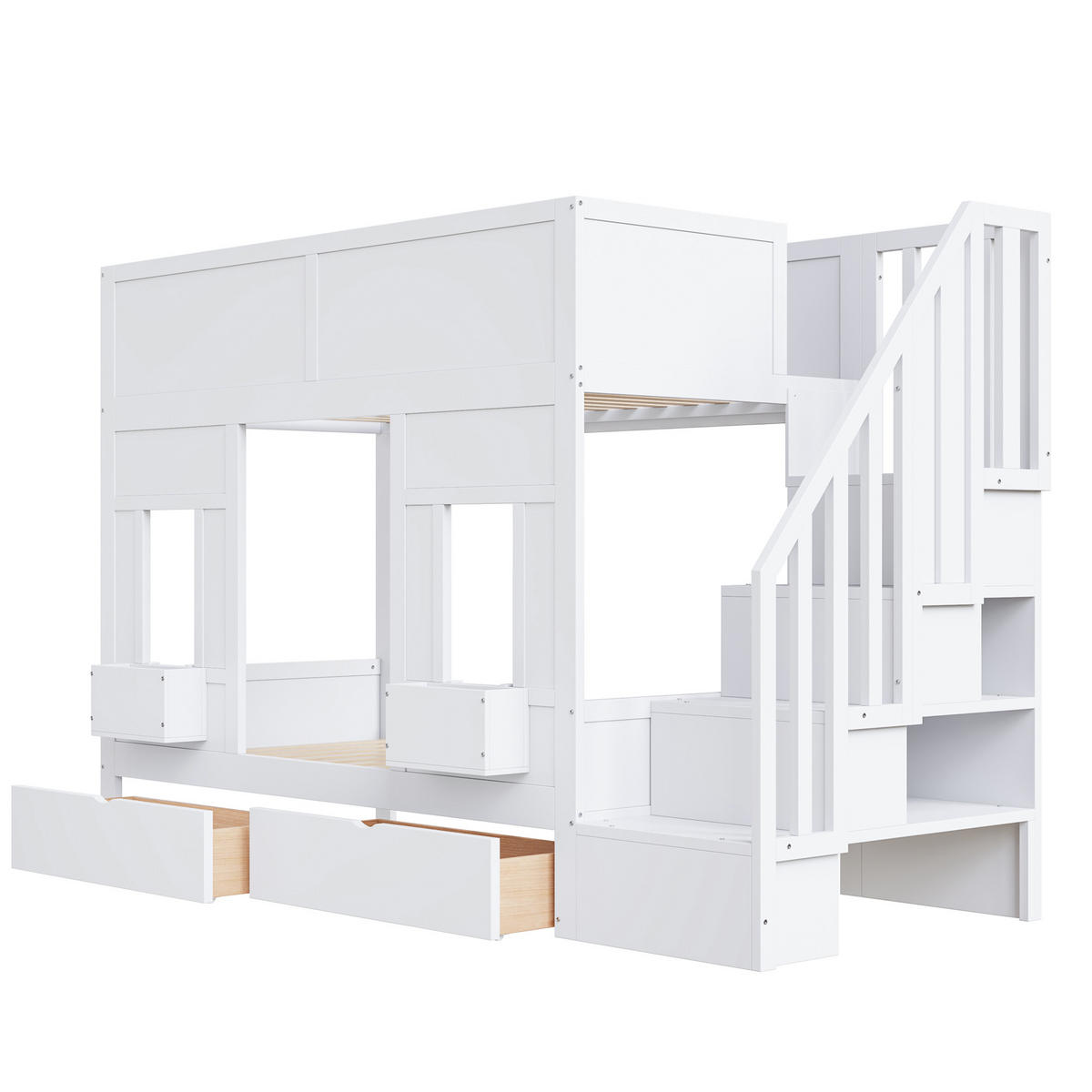 HOCHBETT 90/200 cm mit Stauraumtreppe, 2 Schubladen, Fenstern und Schutzgitter, Weiß - Weiß, Holzwerkstoff (90/200cm) - Redom