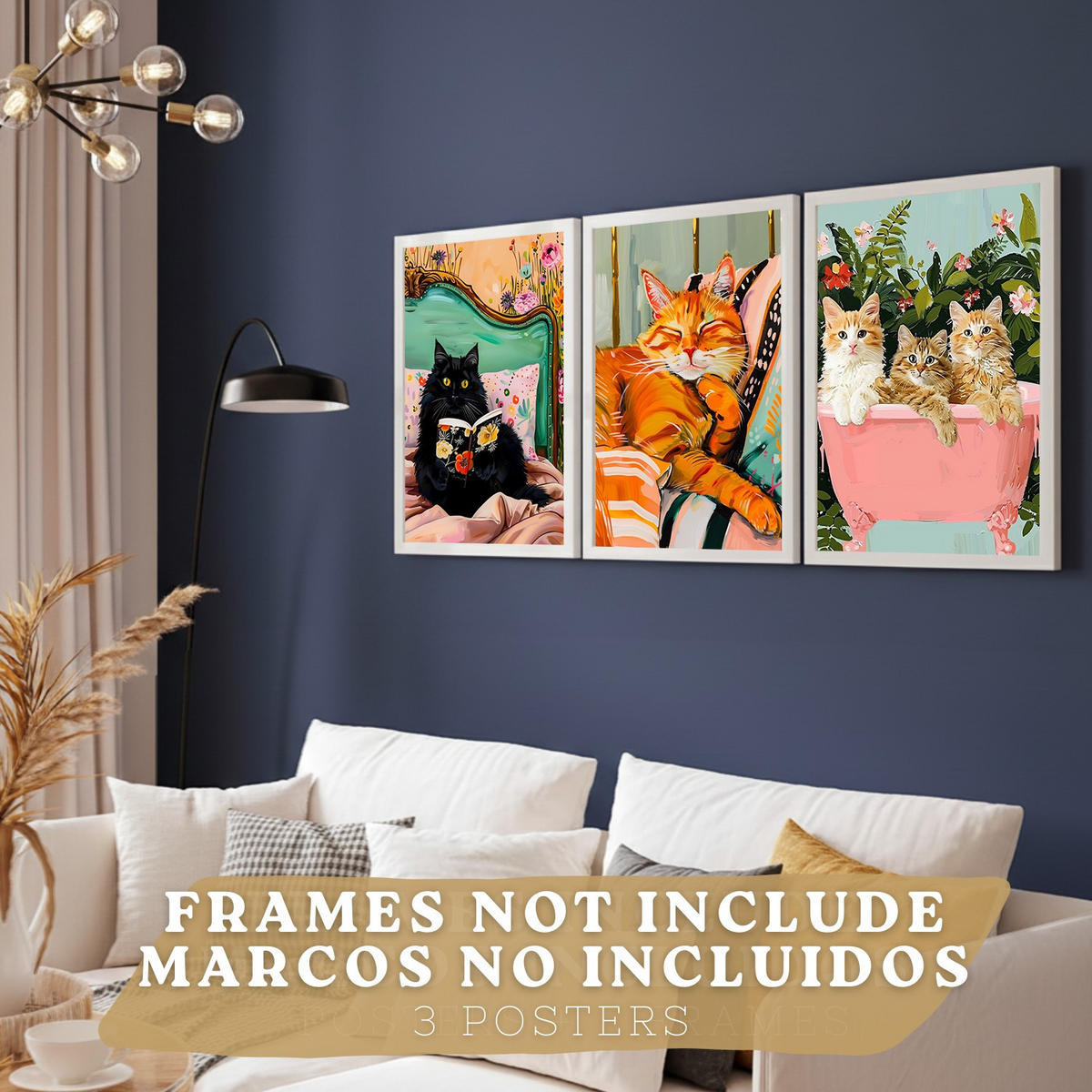 PLAKAT Sada tří dekorativních tisků nápadných koček. Fotografie moderního obývacího pokoje se zvířaty. Dekorace Koupelny Kuchyně A3 Bez rámu - čirá, papír (29.7/42/3cm) - Nacnic