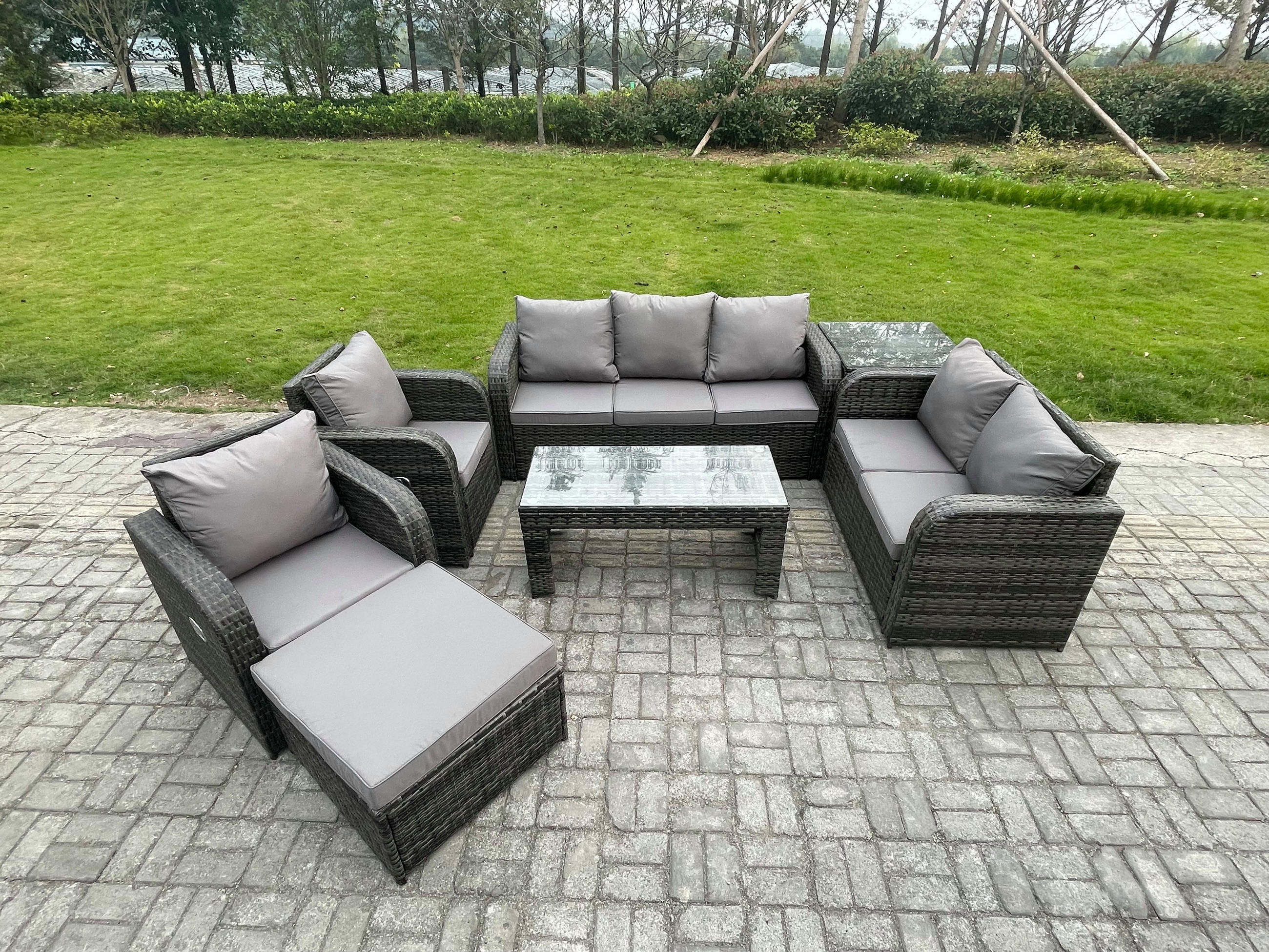 GARTENSOFA SET mit rechteckigem COUCHTISCH Polyrattan 8-Sitzer Dunkelgrau - Dunkelgrau/Grau, Glas/Kunststoff - Fimous