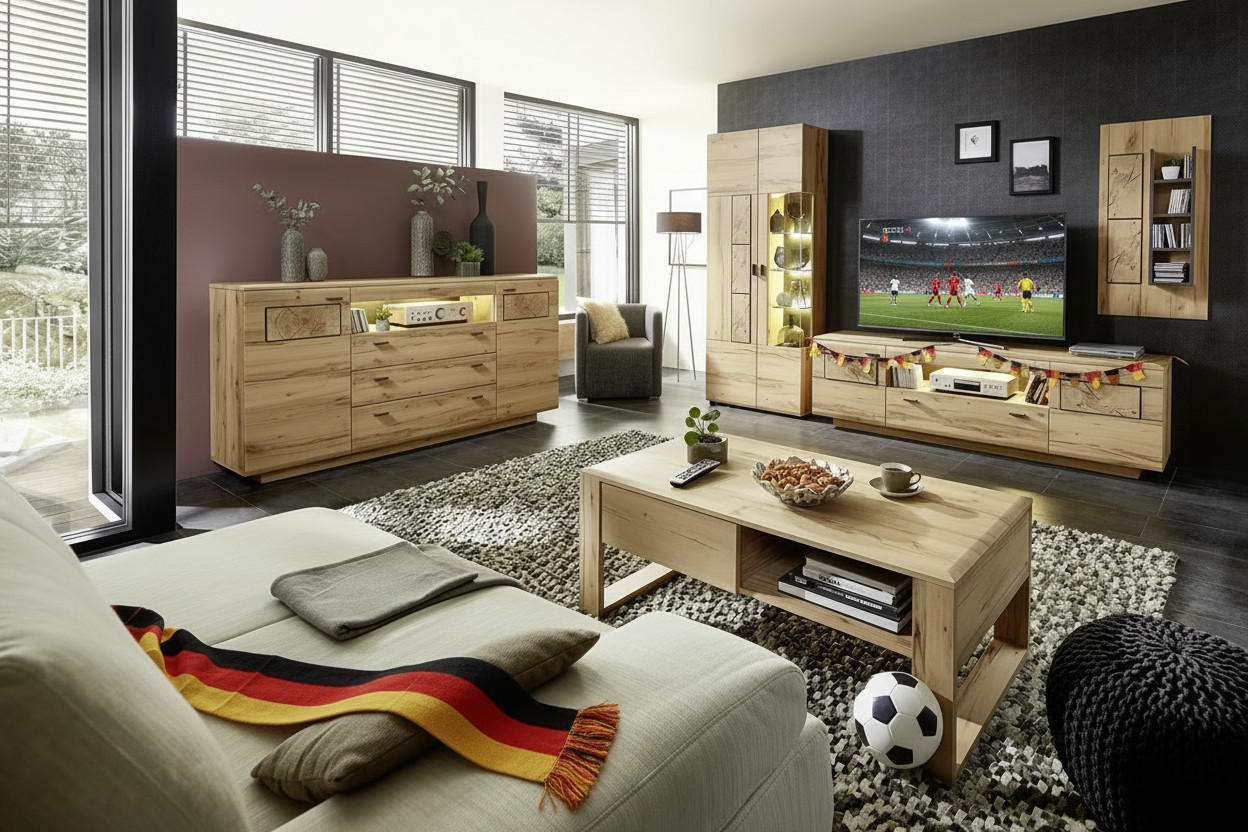Modernes Wohnzimmer mit heller Holz-Wohnwand und Couchtisch; auf dem Fernseher läuft ein Fußballspiel, dazu liegen Snacks bereit und dezente schwarz‑rot‑goldene Fan-Deko sorgt für WM-Watchparty-Stimmung.