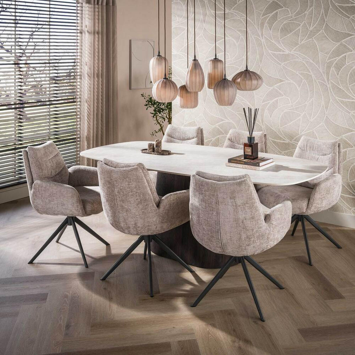 ESSTISCH CERAMO CENTO Dänisch ovaler Premium-Tisch mit 3D-Keramikplatte & Rillen-Säule 215 cm - Dunkelblau, Keramik (105/215/77cm) - alesvelt