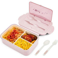 BENTO Box mit 3 Fächern und Besteck, Auslaufsicher, Mikrowellengeeignet, Pink - Rosa, Kunststoff (14/6.5/21cm)