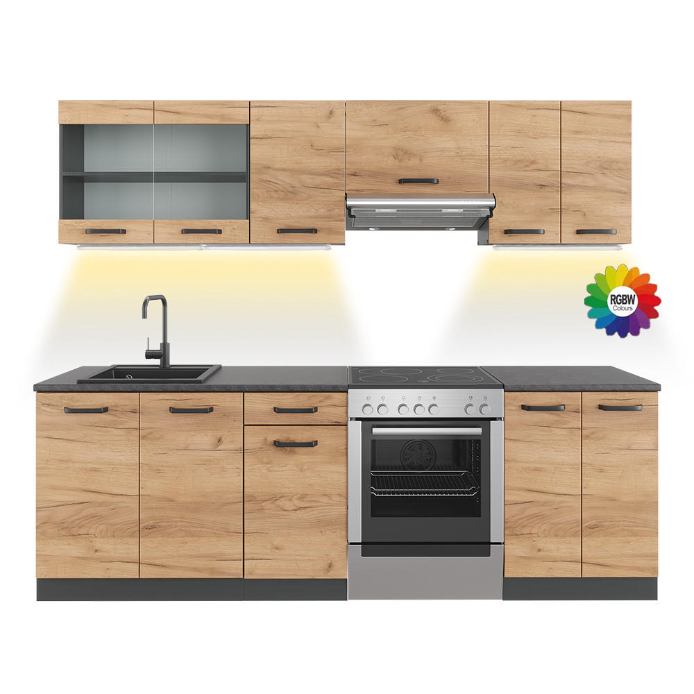 KÜCHENZEILE Raul Goldkraft Eiche/Anthrazit 240 cm AP Schwarz mit LED-Leisten - Anthrazit/Eiche Wotan, Holzwerkstoff (240/81.6/60cm) - Vicco