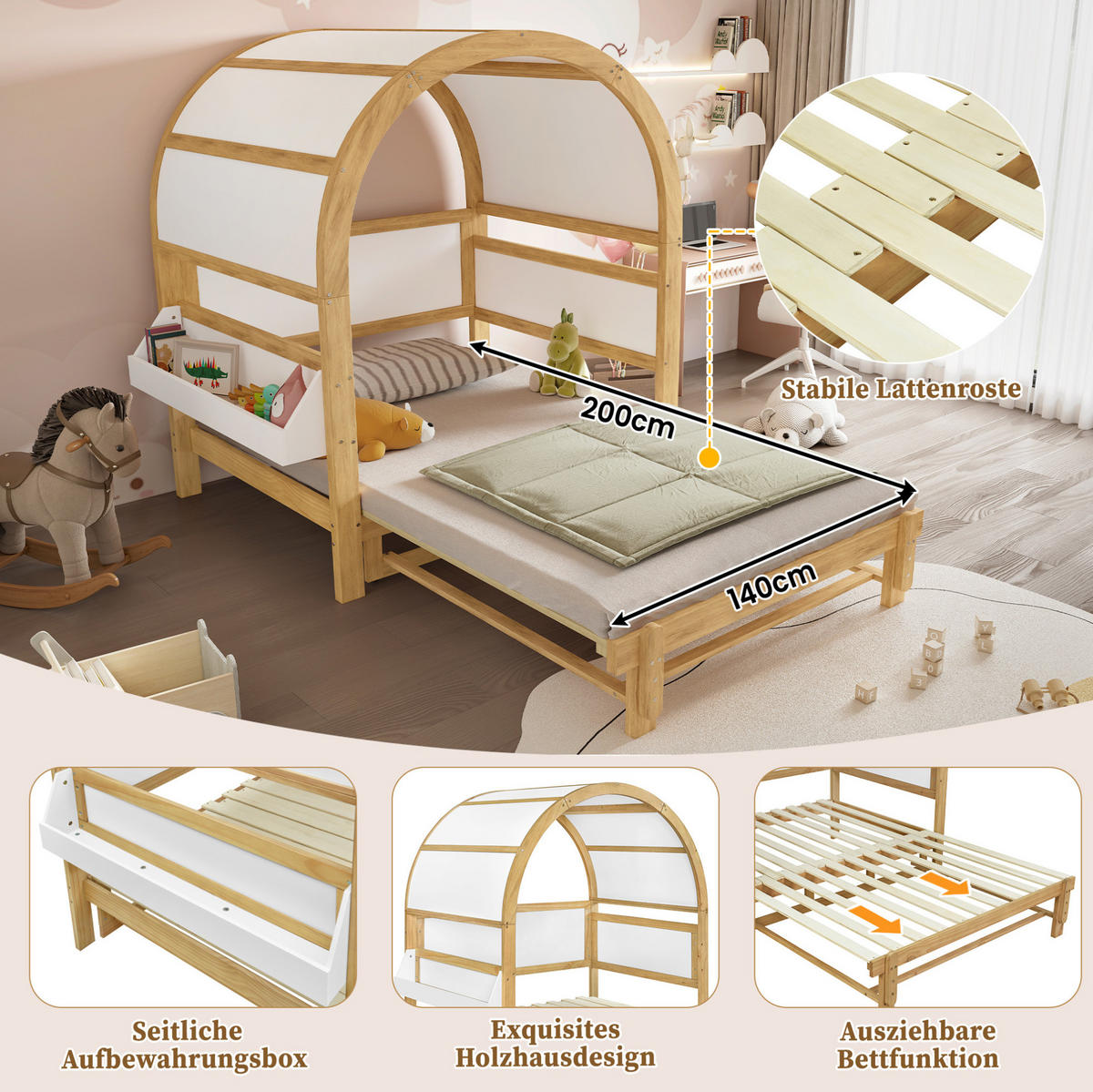 KINDERBETT 140/200 cm mit Ausziehbett, gewölbtem Dach und Ablagefläche, Weiß/Natur - Weiß, Holzwerkstoff (140/200cm) - Redom